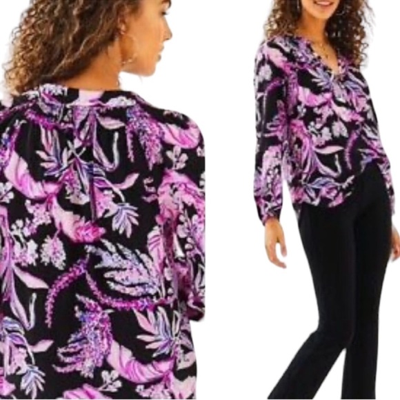 Lilly Pulitzer Tops - LILLY PULITZER Elsa Wild Within 100% Silk Pullover Top Onyx Size Small